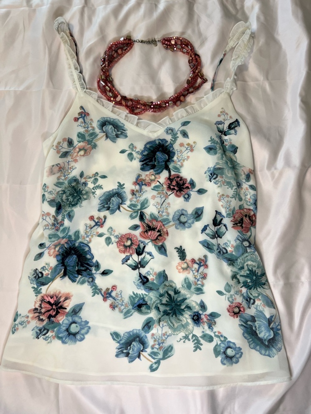 White House Black Market Cream Floral Lace-Trim Camisole with Blue & Pink Blooms